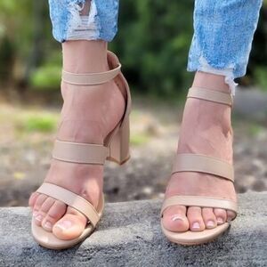 Women's Nude Strappy Block Heel Sandals with Ankle Strap